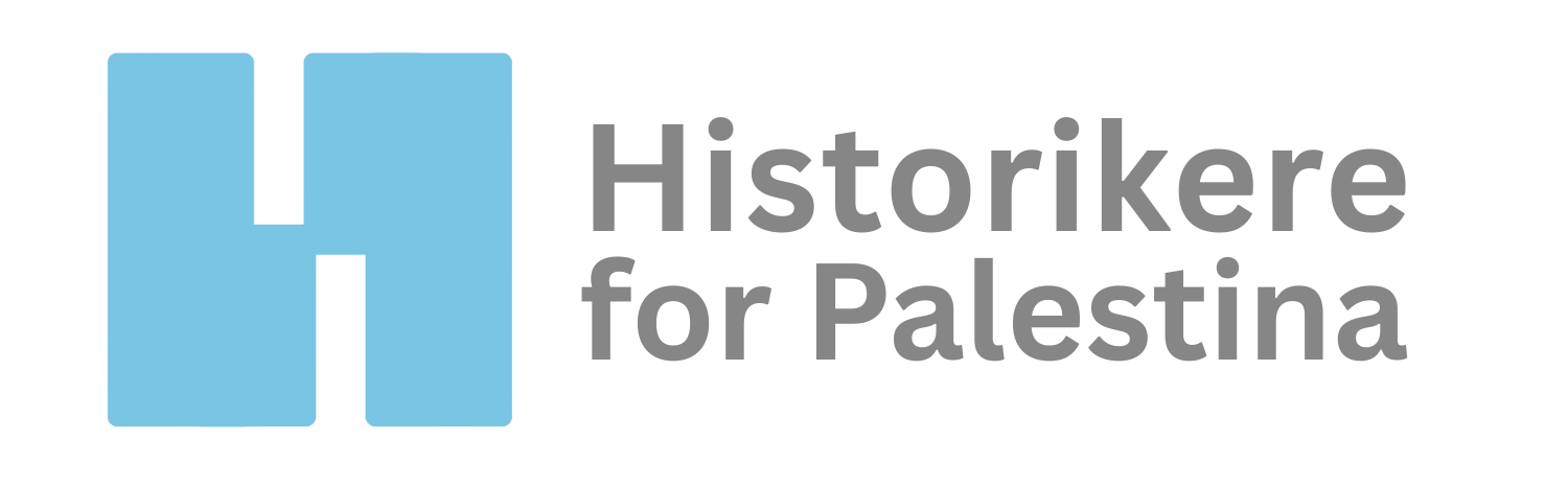 Teksten Historikere for Palestina til høyre for en stilisert blå H